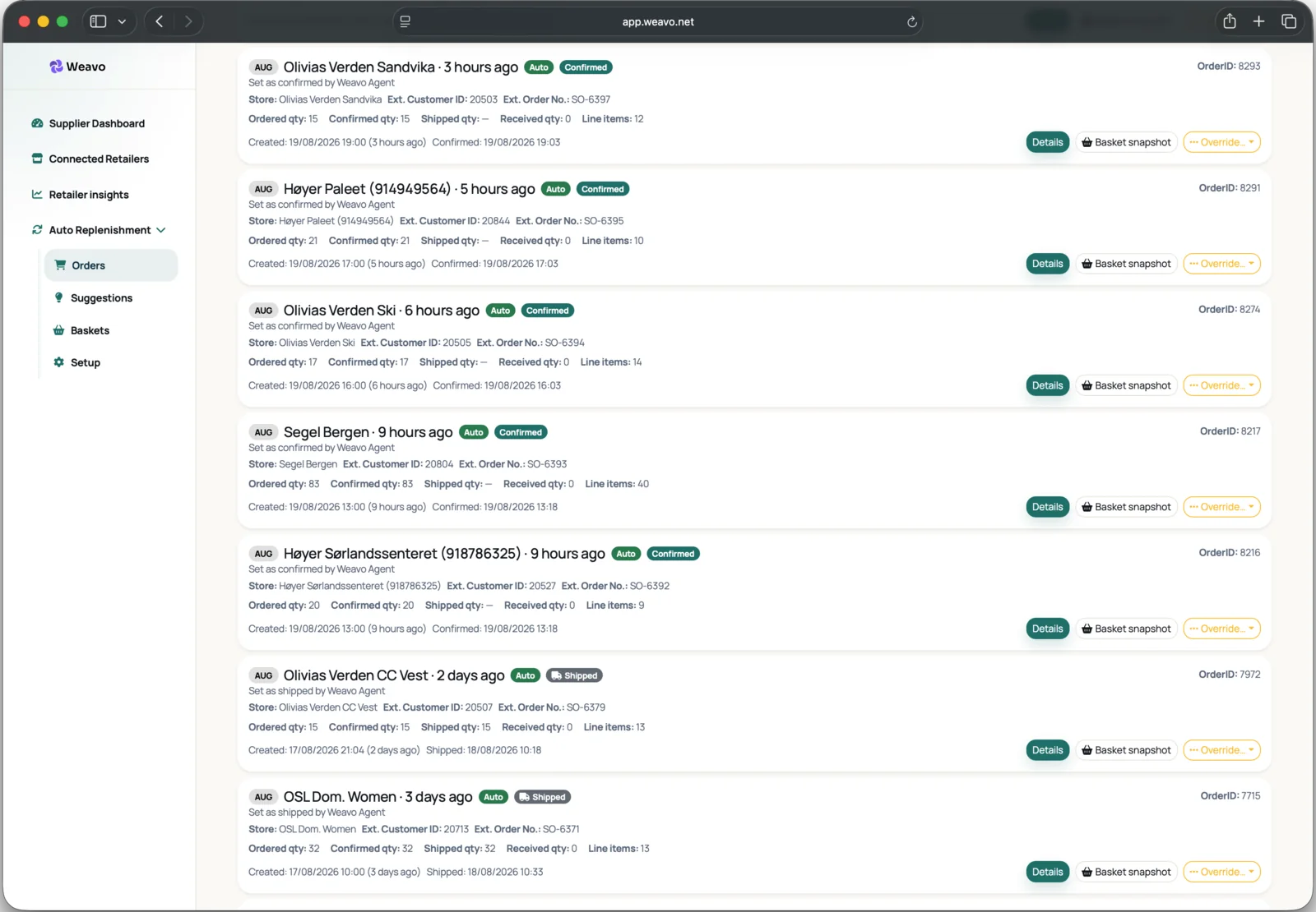 Automatiske suppleringsordre opprettet av Weavo med bekreftet og sendt status