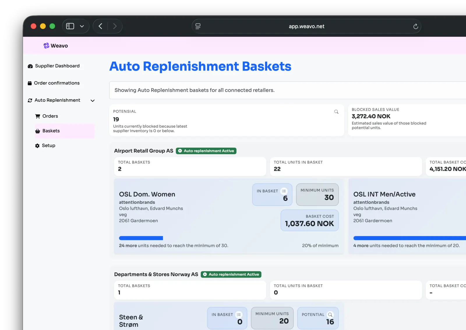 Auto replenishment baskets